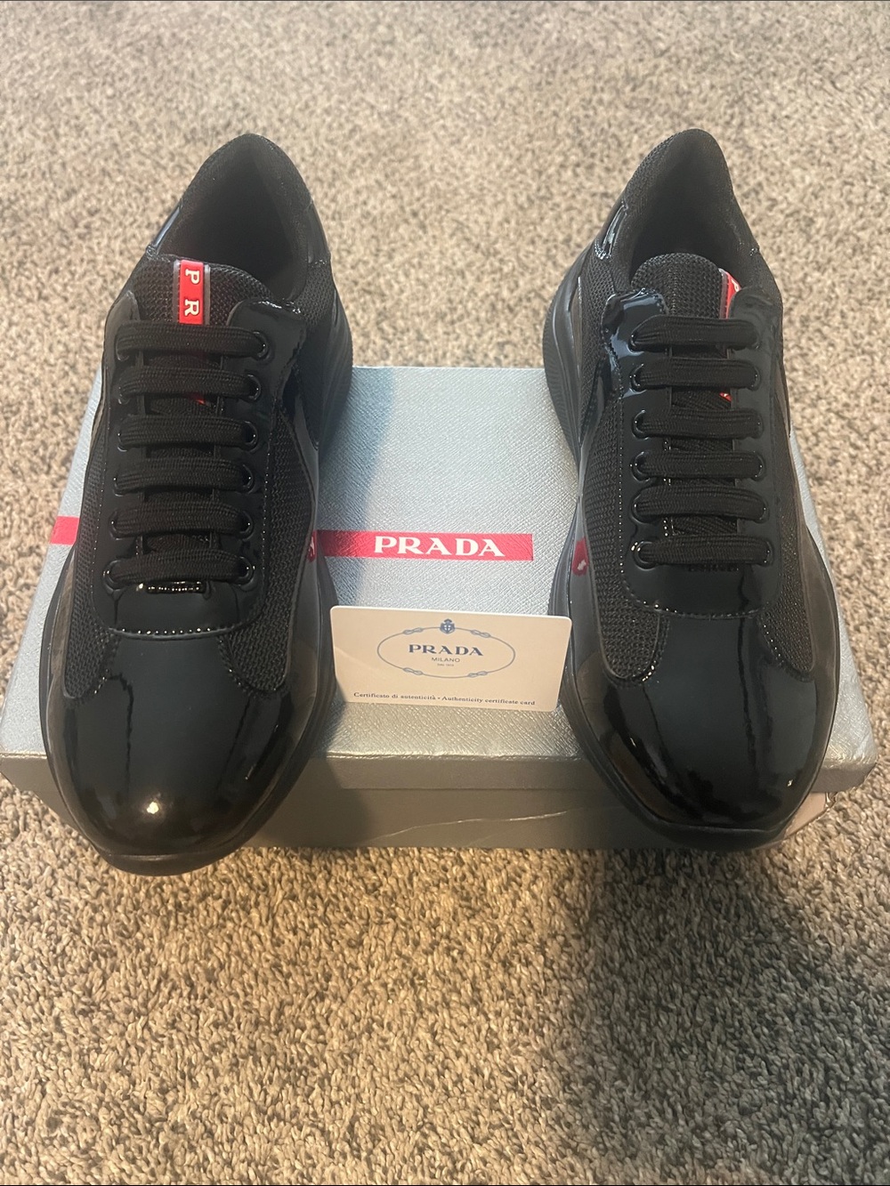 Prada Black Patent & Mesh Low-Top Sneakers with Red Logo Tabs